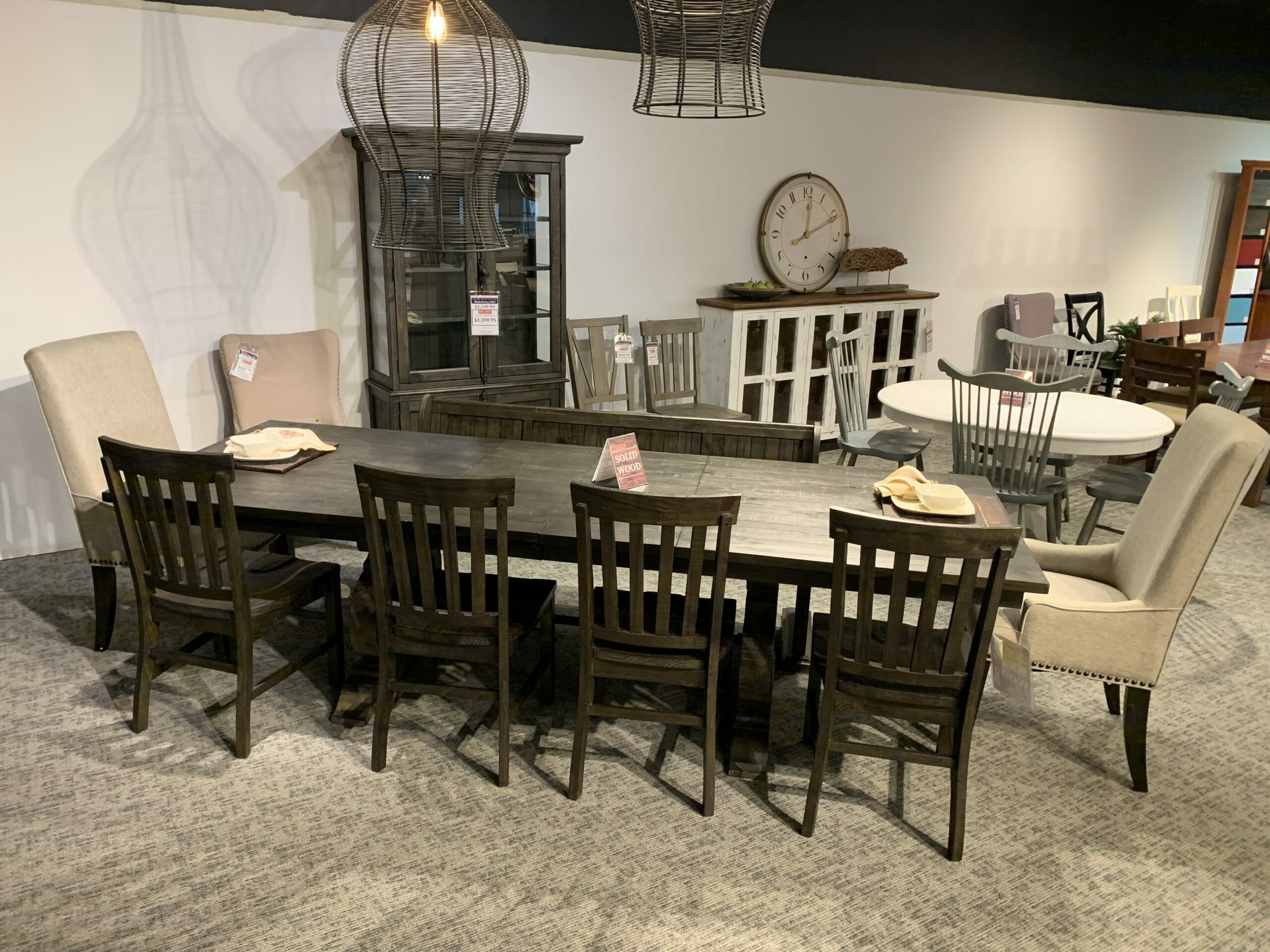 Weathered Trestle Base Table 8 Piece, Dining Room End Chairs With Arms